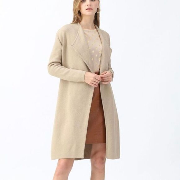 Chic Wish Classy Open Front Knit Coat Pockets Light Tan Women XL-XXL - Picture 1 of 11